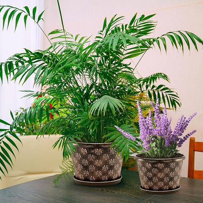 12 Inch Planter Pots for Plants, Plastic Large Flower Pots Indoor Outdoor, 4 Pack Resin Plant Pot with Drainage & Saucer, Retro Decorative Garden Pot with Removable Trays for House