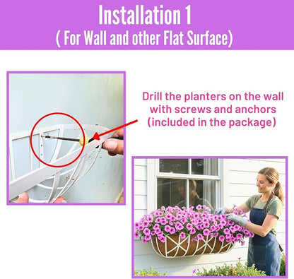 LaLaGreen 24 Inch, 2 Pack White Metal Window Planters-Wall Mount Flower Pots for Outdoor with Coco Coir Liner, Attach to House Flower Boxes Hanging Walls Plant Holders for Fence Balcony Porch, Patio