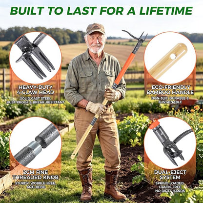 Stand Up Weed Puller Tool, 4-Claw Steel Head Deep Root Extractor with Dual-Eject Design, Real Bamboo Long Handle & Metal Anti-Slip Pedal, No Bending Dandelion Remover for Garden Lawn Yard