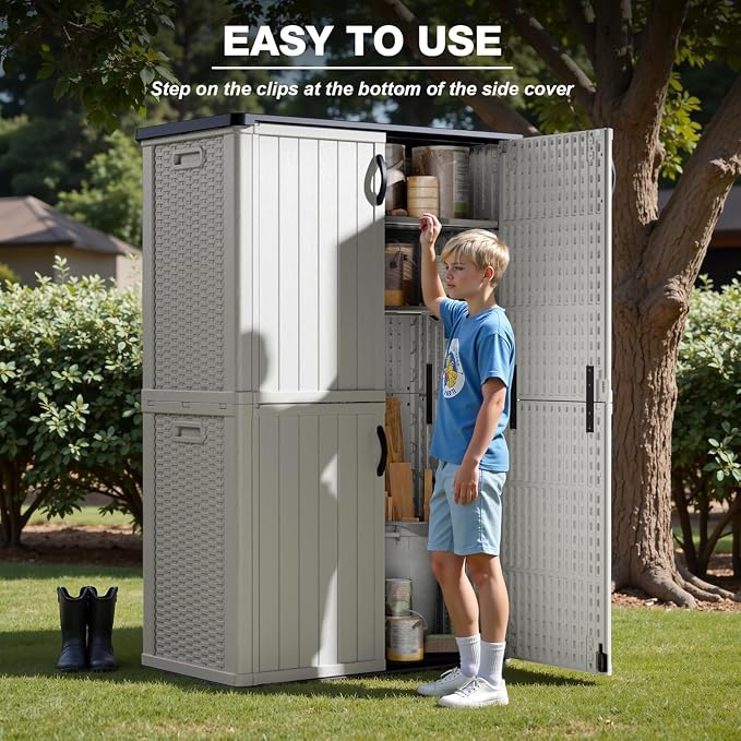 Greesum Outdoor Storage Cabinet Without Shelves, 50 cu.ft Outdoor Waterproof Storage Shed for Garden Tools, Garbage Cans, Pool Storage, White