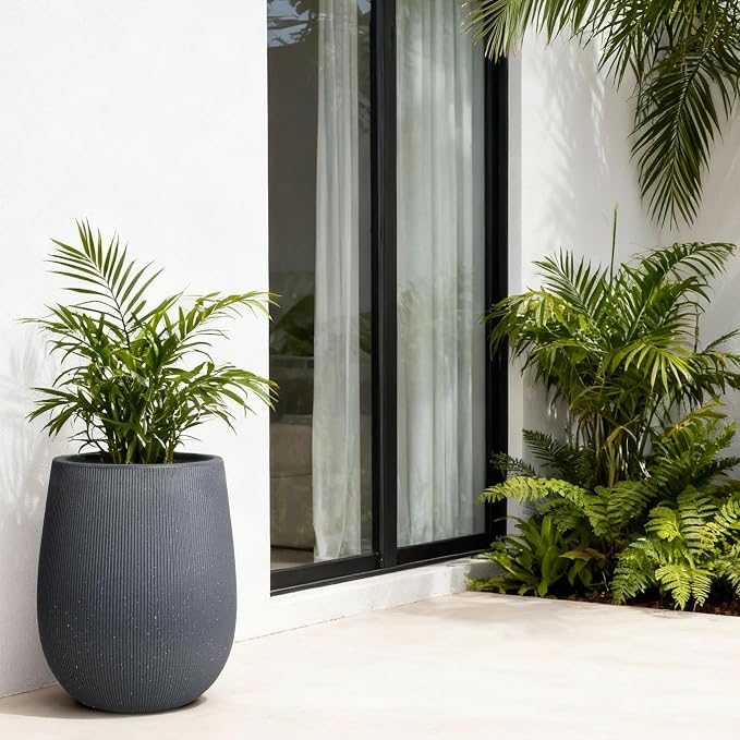 Worth Garden Dark Gray Round Planter, 9" Dia x 13" H Lightweight Magnesium Oxide Cement Plant Pot with a Striped Textured Finish, Raised Pattern Concrete Look, Drainage Hole, Indoor & Outdoor Use