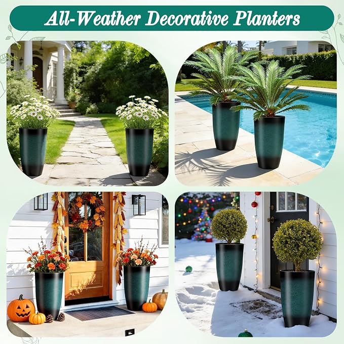 Autodaya 24" Gradient Teal Ceramic-Look Tall Planters Set of 2 | High-Density PP Pots With Drainage Hole for Indoor and Outdoor Plants, Patio, Garden, Porch, Living Room, or Gifting