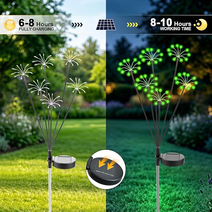 Solar Garden Lights Outdoor, 2 Pack New Upgraded Solar Swaying Starburst Light, Waterproof Fireworks Solar Lights, Yard Patio Pathway Decoration, Green