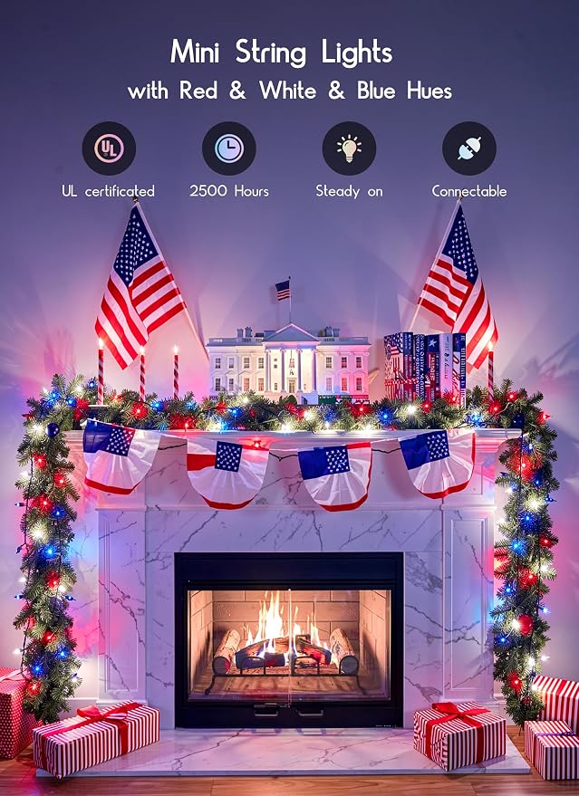 Minetom Red White Blue Christmas Lights Green Wire - 100 Count 4th July Decoration Patriotic Mini String Lights Waterproof for Indoor Outdoor Xmas Holiday Party Patio Independence Day Decoration
