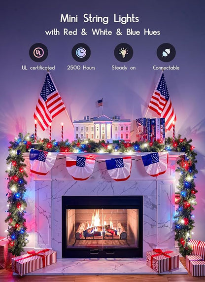 Minetom Red White Blue Christmas Lights Green Wire - 100 Count 4th July Decoration Patriotic Mini String Lights Waterproof for Indoor Outdoor Xmas Holiday Party Patio Independence Day Decoration