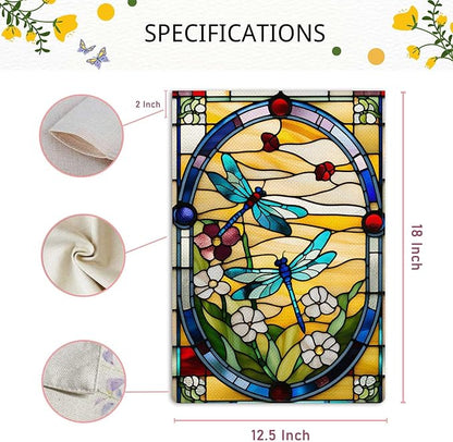 Spring Summer Dragonfly Garden Flag Stained Glass Style Floral Flowers Garden Flag Vertical Double Sided Rustic Farmland Burlap Yard Lawn Outdoor Decor 12.5x18"