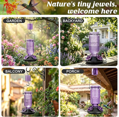FEED GARDEN Glass Hummingbird Feeder for Outdoors Hanging, 16 oz Leak-Proof Nectar Feeder with Bee Guards & Ant Moat, 4 Metal Flower Feeding Ports, 360° Perch Ring, Easy Refill & Clean, Purple 2 Pack