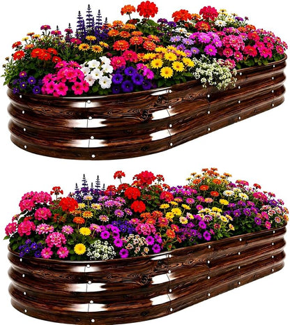 Galvanized Raised Garden Bed, 6x3x1 FT Galvanized Steel Metal Raised Garden Bed, Oval Open-Bottom Design, 12-Inch Deep for Outdoor Vegetable & Herb Gardening, Fruit Wood Grain, 2 Packs