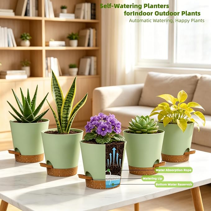 5 Pack 5 Inch African Violet Pots Self Watering, Self-Watering Planters with Drainage Holes & Reservoir, Green Brown Plastic Pots for Indoor Outdoor Plants, Succulents & Flowers