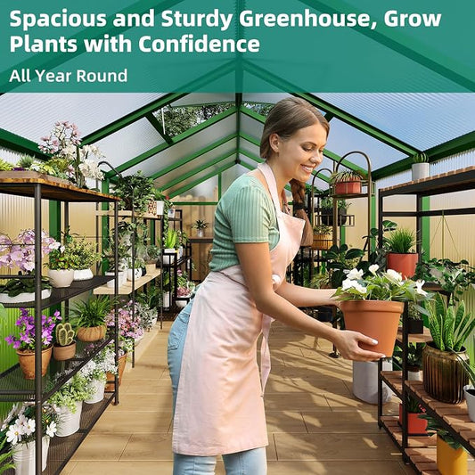 8x12 FT Greenhouse - Large Aluminum Greenhouses for Outdoors | Walk-in Polycarbonate Greenhouse with Roof Vent & Ground Nails, Heavy Duty Green Houses for Garden, Backyard, Patio