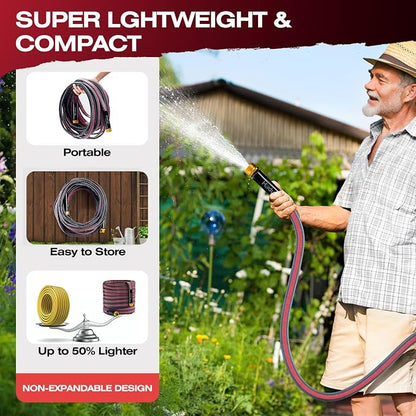 2026 Upgraded Non-Expanding Garden Hose - 50FT Lightweight Flexible, High-Pressure Anti-Kink/Burst-Resistant Lead-Free Outdoor Water Hose (Gray/Red)