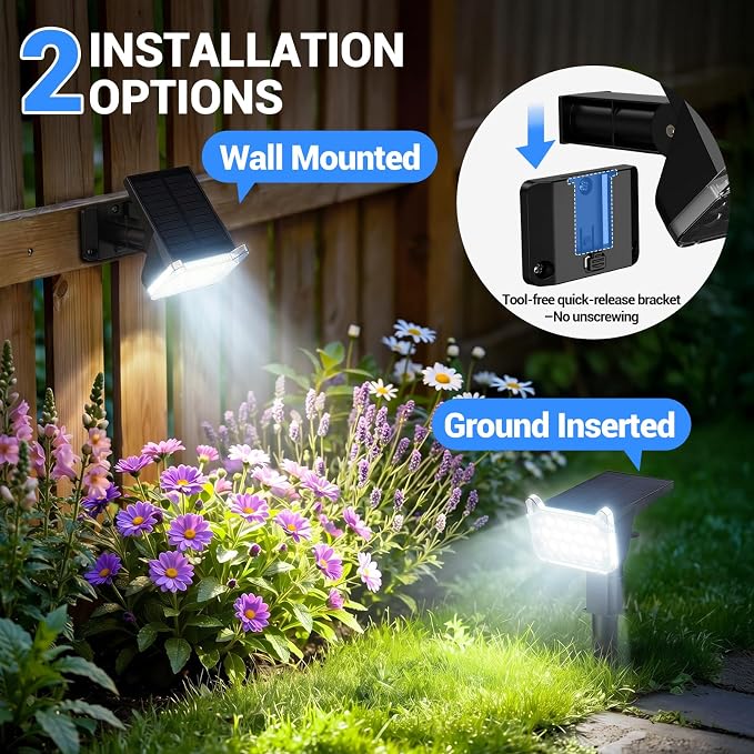 Solar Spot Lights Outdoor Waterproof IP65, Super Bright LEDs with Lens, 2 Lighting Modes, 2 in 1 Auto On/Off Solar Powered Spotlights for Outside Landscape Holiday Decor, 4 Pack, Cool White