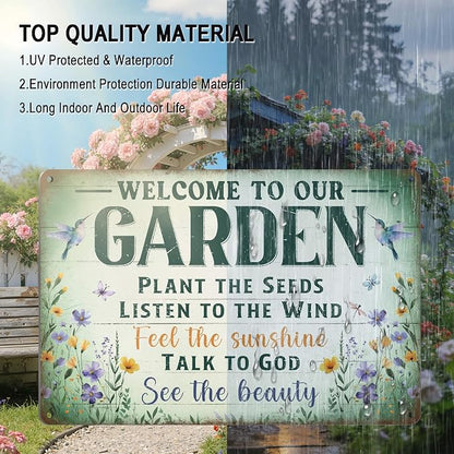 Vintage Garden Decor Gardening Art Signs Plant Lovers' Gifts | Motivational Greenhouse Yard Fence She Shed Wall Decor Women Gardeners Welcome To Our Garden Tin Sign 12x8 Inch Weather-proof