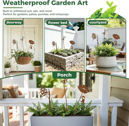 Rustic Metal Decorative Garden Stakes, Multiple Nature-Inspired Designs, Vintage Rust Finish Indoor&Outdoor Garden Decor, Gift-Boxed Yard Art for Pots, Planters Flower Beds (Ladybug & Bee Flower Set)