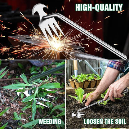 Weed Removal Tool, 2025 New Garden Weeding Tools Manganese Steel Hand Weeder Tool with Handle, 4 Teethes Dual Purpose Manual Weeders Tool Weed Pulling Tool for Garden19.6inch