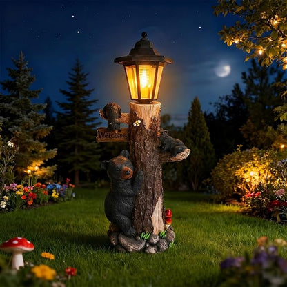 Solar Black Bear Family Garden Statue with Welcome Sign – 19" Hand-Painted Resin Bear Cubs Climbing Tree, Auto On/Off LED Light, Outdoor Yard Lawn Patio Decor, Housewarming Christmas Birthday Gift