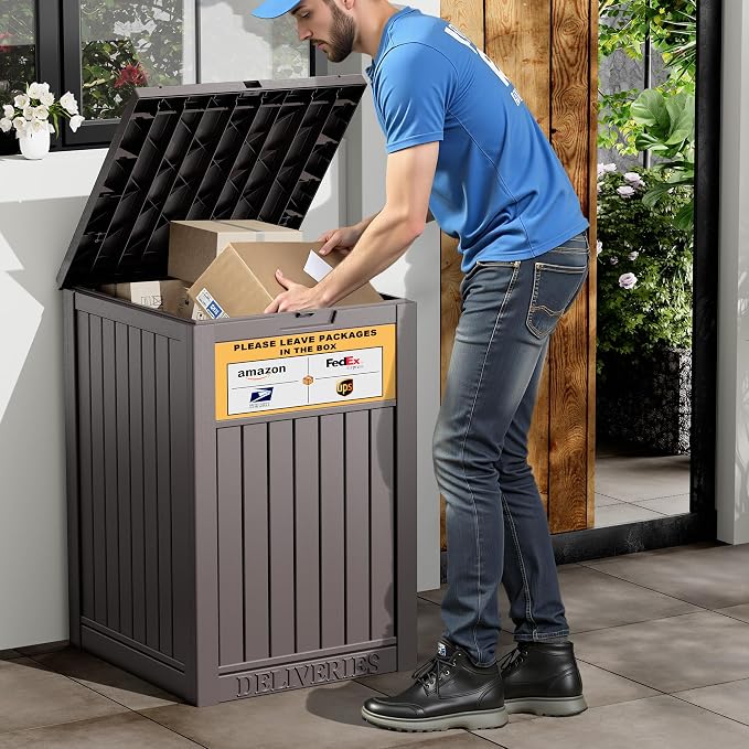 Outdoor Package Delivery Box with Lockable Secure and Sign, Resin Waterproof Outdoor Package Drop Container for Backyard, Garden, Patio & Lawn, Brown with Sign
