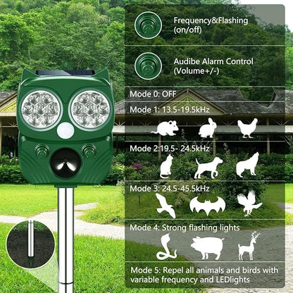 Solar Animal Repeller, Ultrasonic Repellent, Motion Detection, LED Flashing Light, Dog, Cat Repellent, Squirrel, Raccoon, Skunk, Rabbit, Rodent, Fox, Deer, etc.