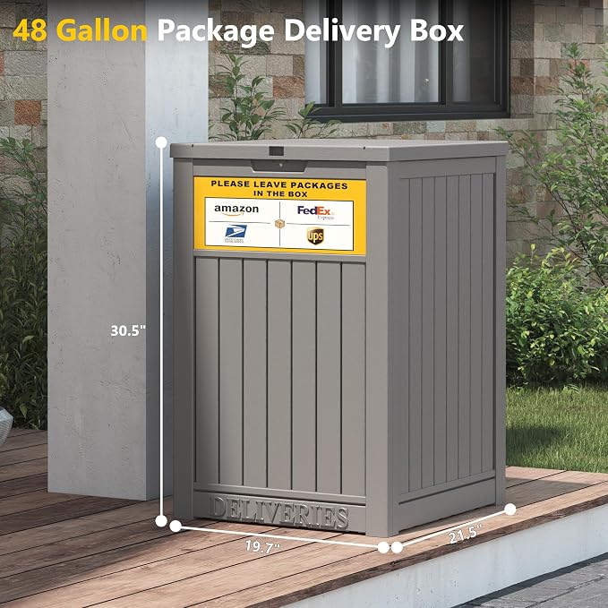 LHBGO Package Delivery Box for Outside, with Delivery Sign 48 Gallon Storage with Lockable Secure, Large Resin Outdoor Package Drop Container
