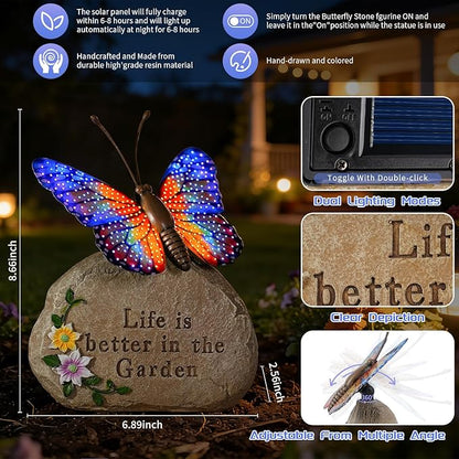 Solar LED Butterfly Garden Statue with Sparkling Light-Up Wings - Outdoor Yard Patio Decor Figurine, for Women Mom Grandma (Orange)