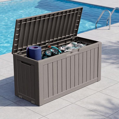 Outdoor Storage Box, 82 Gallon Resin Deck Boxes Outdoor Waterproof For Patio Furniture, Garden Tools, Pool Supplies, Lockable And UV Resistant (Striped Gray)
