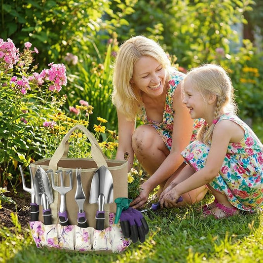 Garden Tools Set, 30 Piece Stainless Steel Gardening Kit with Vintage Floral Tote Bag, Non-Slip Ergonomic Rubber Handle, Ideal Gift for Women & Beginners, for Succulent, Home Garden