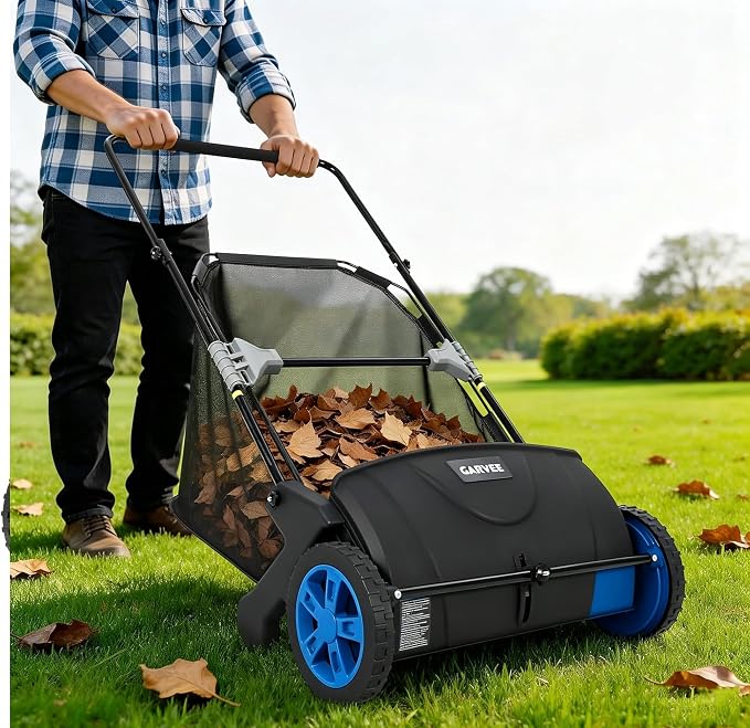 Push Lawn Sweeper, 21inch Leaf & Grass Collector, Heavy Duty Thickened Steel Durable Manual Leaf Sweeper to Use with Large Capacity 3.5 Cu. ft. Mesh Collection Hopper Bag, 2 Spinning Brushes
