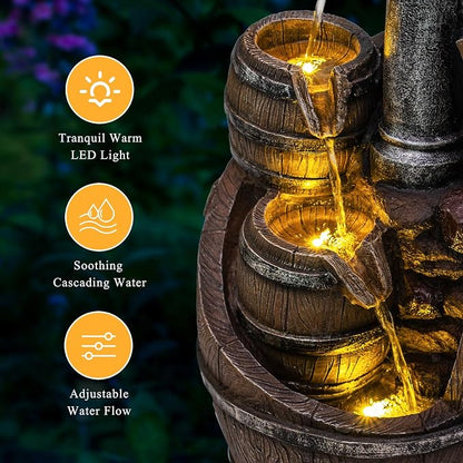 21.7" H Barrel Water Fountains Outdoor with LED Lights, Garden Fountains for Yard Patio Backyard Deck Decor