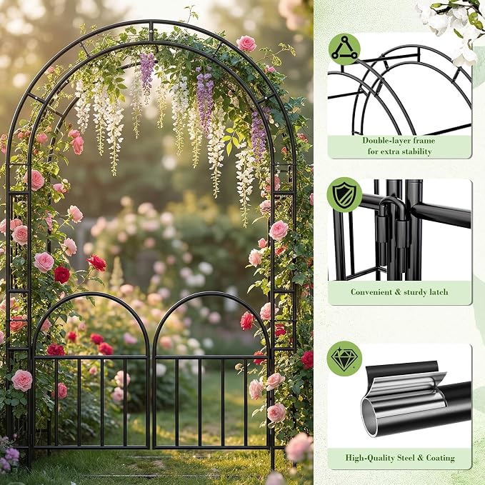 7FT Garden Arch Arbor Heavy Duty Metal Arbour Archway Garden Arch Trellis for Climbing Plants Outdoor