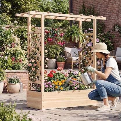 Giantex Wooden Raised Garden Bed with Trellis & Hanging Roof, 2 Pack Fir Wood Planter Box, 45" Freestanding Elevated Garden Bed for Outdoor Climbing Plants Vegetables Flowers, Patio & Balcony, Natural