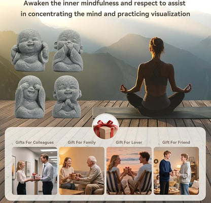 4Pcs Mini Monk Buddha Statues, See Hear Speak Think No Evil Mini Monk Decor, Handcrafted Sandstone Resin Zen Statues for Home Office Desk Car Dashboard, Feng Shui Spiritual Gifts for Peace & Calm