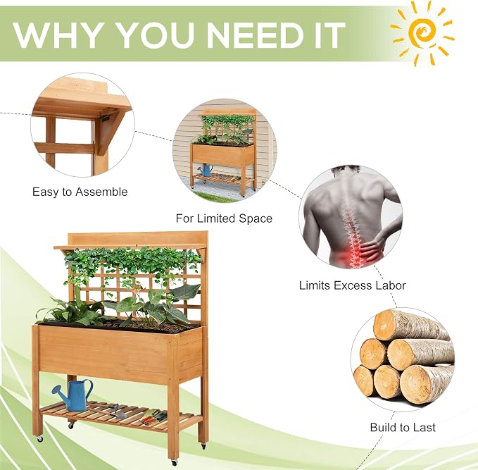Outsunny 41" Raised Garden Bed with Trellis on Wheels, Wooden Elevated Planter Box with Legs and Bed Liner, for Flowers, Herbs & Vegetables, Brown