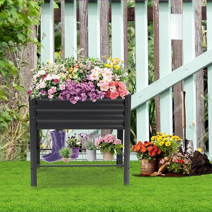 Raised Garden Bed with Legs and Shelf, 2pcs 32"x20"x31.5" Powder Coated Elevated Metal Planter with Legs for Outdoor Vegetables, Standing Raised Beds for Balcony, Patio, Lawn and Backyard