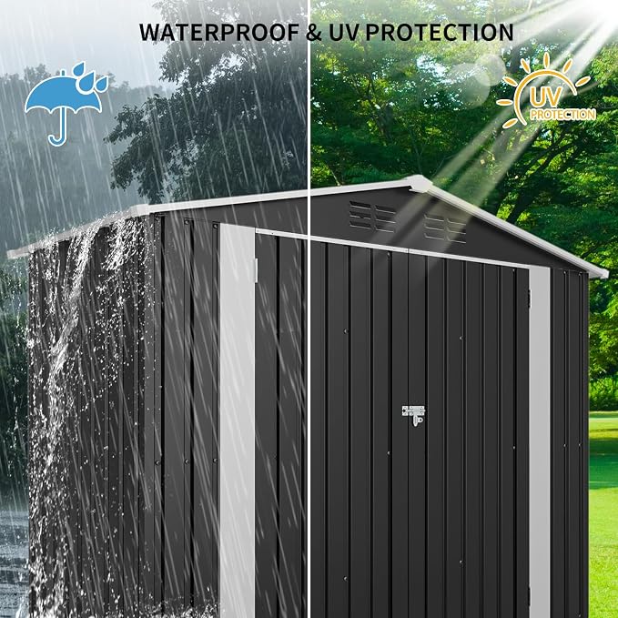 YOPTO 8X4 FT Metal Outdoor Storage Shed W/Lockable Latch,Black | Air Vent,Double‑Hinged Door,Sloped Roof,Reinforced Structure,All Weather Waterproof for Garden,Patio,Backyard,Lawn