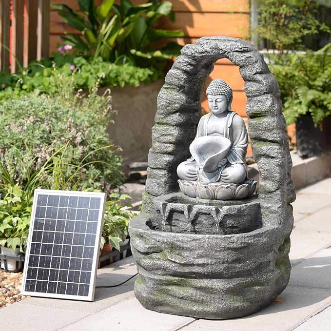 Buddha Solar Water Fountain Outdoor Garden, 27.2" H Cascading Zen Waterfall Solar Power Water Fountain with LED Lights for Backyard, Patio, Porch, Deck, Garden and Home Art Decor