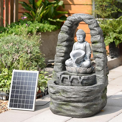 Buddha Solar Water Fountain Outdoor Garden, 27.2" H Cascading Zen Waterfall Solar Power Water Fountain with LED Lights for Backyard, Patio, Porch, Deck, Garden and Home Art Decor