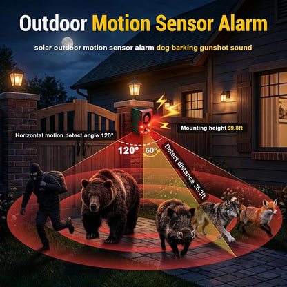 ChunHee Solar Outdoor Motion Sensor Alarm with Dog Barking Gunshot Sound, Support Recording and Adjustable Volume, 130db Loud Noise Maker 3 Work Modes Strobe Light for Home, Villa, Farm, Barn (6pack)