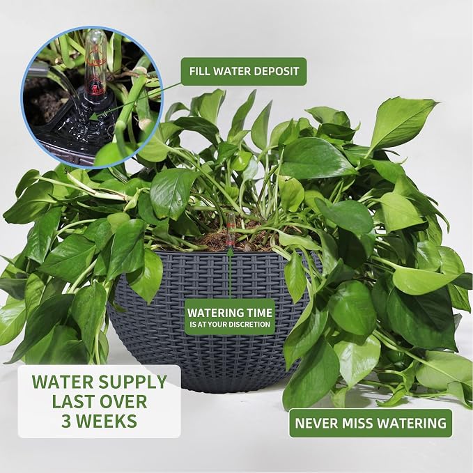 Dexceder 10.5 Inch Self Watering Hanging Planter (Gray) | Thickened Large Hanging Basket Flower Plant Pot with Water Level Indicator Indoor Outdoor