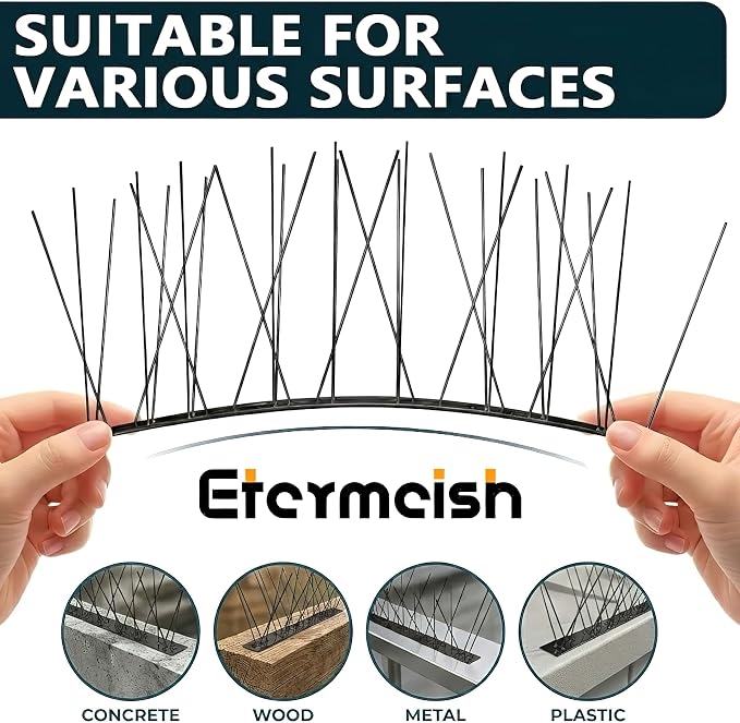 Stainless Steel Bird Spikes for Pigeons,Pre-Assembled,Anti Bird Deterrent Spikes for Woodpeckers, Squirrels, Raccoons，Weatherproof Fence Spikes for Roof, Railing,Patio, Black, 24.6 Feet
