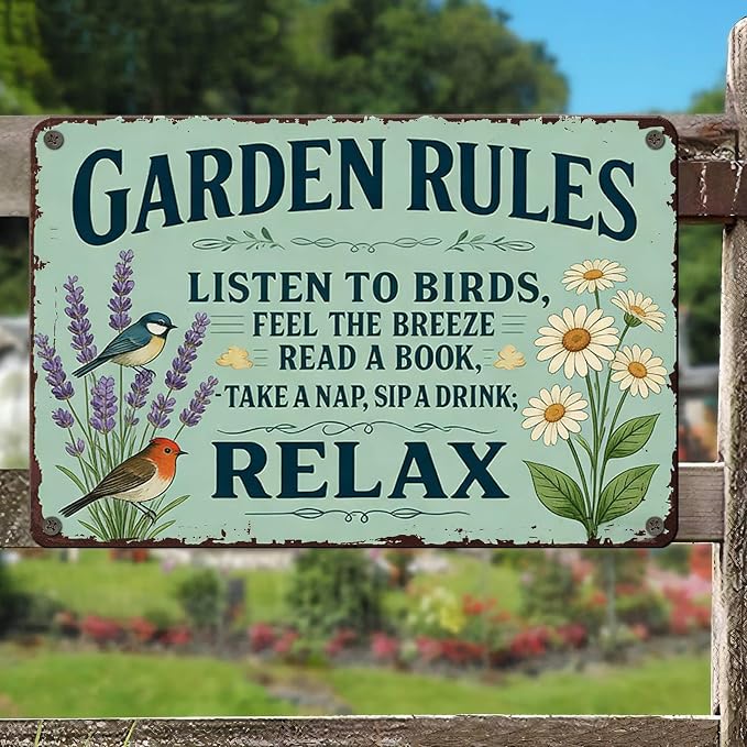 PEACHGARDEN Garden Rules Sign, Funny Relaxing Yard Decor, Vintage Metal Signs for Garden Walls, Outdoor Gifts for Women 8x12 Inch