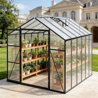 8x12 FT Greenhouse, Walk-in Outdoor Heavy Duty Polycarbonate Greenhouse with Raised Base & Anchor, Aluminum Frame, High Headroom & Drainage System for Backyard All Season Growing, Black
