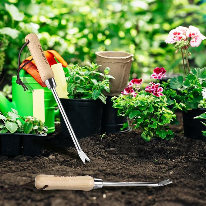 WORKPRO Dandelion Weeder Puller Tool with Wood Handle | Polished Stainless Steel Garden Weed Remover Tool, Two-Pronged Fork Weeder Tool for Lawn, Farmland, Transplant, Gardening