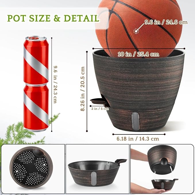 ZMTECH 10 Inch Self Watering Pots for Indoor/Outdoor Plants, 4 Pack Bronze Large Plastic Planter with Water Level Indicator, Drainage Hole & Removable Saucer for Garden Flowers, Deco Plant Container
