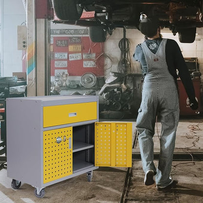 Metal Storage Cabinet with Wheels 30" x 18" x 34" Mobile Metal Garage Cabinet with 1 Drawer & 2 Doors Small Rolling Tool Storage Cabinet with 1 Adjustable Shelf & 4 Hanging Hooks, Yellow & Gray
