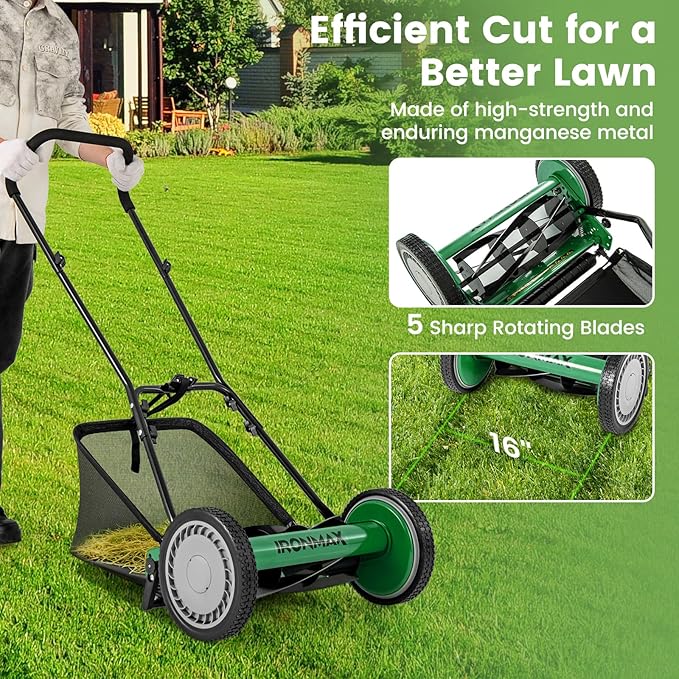 IRONMAX Lawn Mower, 16 Inch Push Reel Lawn Mower with 5 Steel Blades, Adjustable Cutting Heights, Grass Catcher Bag, Walk-Behind Manual Lawnmower for Garden Park Yard, No Motor (Green, 16 Inch)