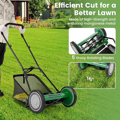 IRONMAX Lawn Mower, 16 Inch Push Reel Lawn Mower with 5 Steel Blades, Adjustable Cutting Heights, Grass Catcher Bag, Walk-Behind Manual Lawnmower for Garden Park Yard, No Motor (Green, 16 Inch)