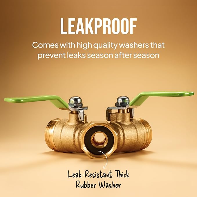 2-Way Hose Splitter – Heavy Duty Brass Y Connector with Stainless Steel Rubbered Handle, 3/4” GHT Thread – Full Flow Garden Hose Splitter for Outdoor Faucets