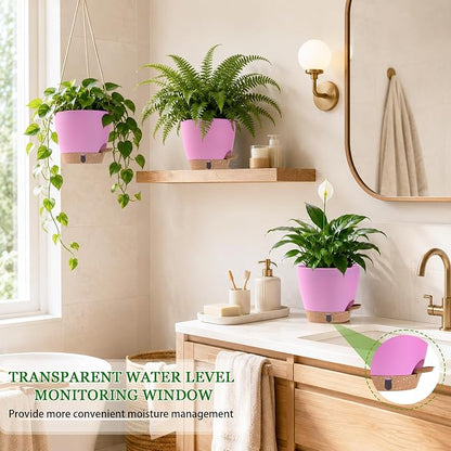 Self Watering Pots for Inoor Ourdoor Plants 8/7/6.5/6/5 Inch Plastic Planters with Drainage Holes & Water Level Indicator, Decorative House Flower Nursery Planting Pots with Saucers (Dusty Lavender)