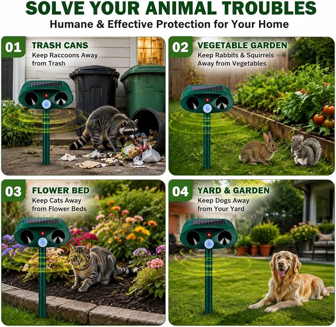 2 Pack Ultrasonic Deer Repellent Devices,Cat Deterrent Outdoor Solar Animal Repeller for Squirrel Racoon Rabbit Fox Skunk,USB Charging Waterproof Motion Sensor Sonic Fortress Pro Deterrent for Garden