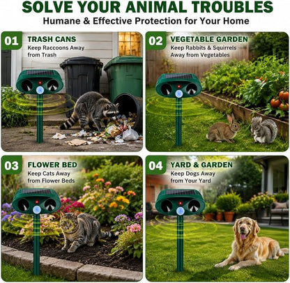 2 Pack Ultrasonic Deer Repellent Devices,Cat Deterrent Outdoor Solar Animal Repeller for Squirrel Racoon Rabbit Fox Skunk,USB Charging Waterproof Motion Sensor Sonic Fortress Pro Deterrent for Garden
